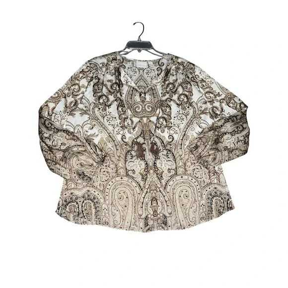 Chicos Women Brown Cream Paisley Tassel Tie Split Neck Blouse Top Size (3) XL - Picture 6 of 9